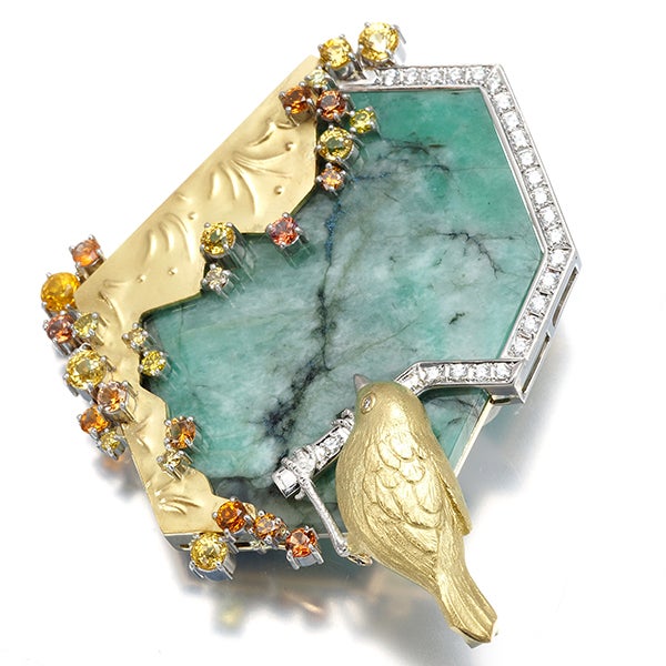 石川暢子 ブローチ  エメラルド 68.00ct サファイア ダイヤ 3way 鳥 Pt900/K18YG 箱/ソ