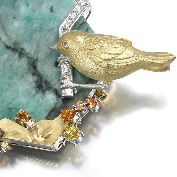 石川暢子 ブローチ  エメラルド 68.00ct サファイア ダイヤ 3way 鳥 Pt900/K18YG 箱/ソ