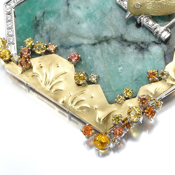 石川暢子 ブローチ  エメラルド 68.00ct サファイア ダイヤ 3way 鳥 Pt900/K18YG 箱/ソ