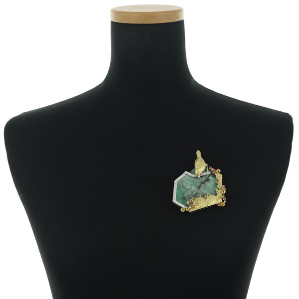 石川暢子 ブローチ  エメラルド 68.00ct サファイア ダイヤ 3way 鳥 Pt900/K18YG 箱/ソ