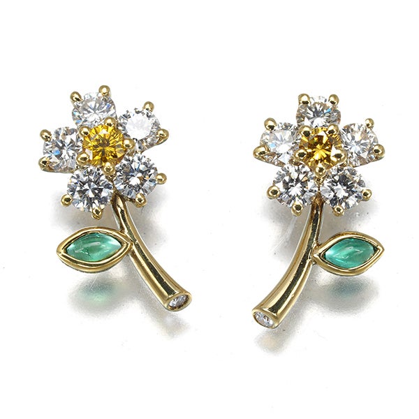 ギメル ピアス イエロー&クリア ダイヤ 0.076ct/0.51ct エメラルド フラワー K18YG 箱