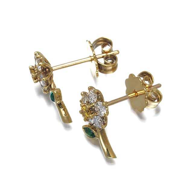 ギメル ピアス イエロー&クリア ダイヤ 0.076ct/0.51ct エメラルド フラワー K18YG 箱