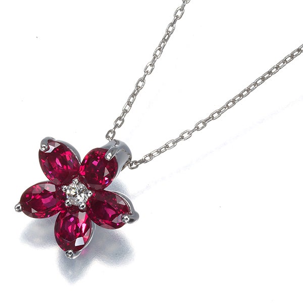 ルビー 1.00ct ダイヤ ダイヤモンド 0.03ct フラワー ネックレス K18WG